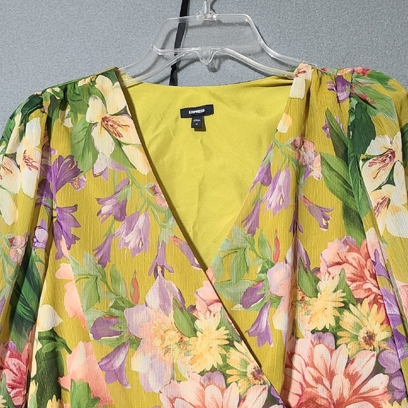 EXPRESS Floral V-Neck Long Sleeve Smocked Cuff Peplum Lined Blouse - Size Medium - Picture 2 of 12